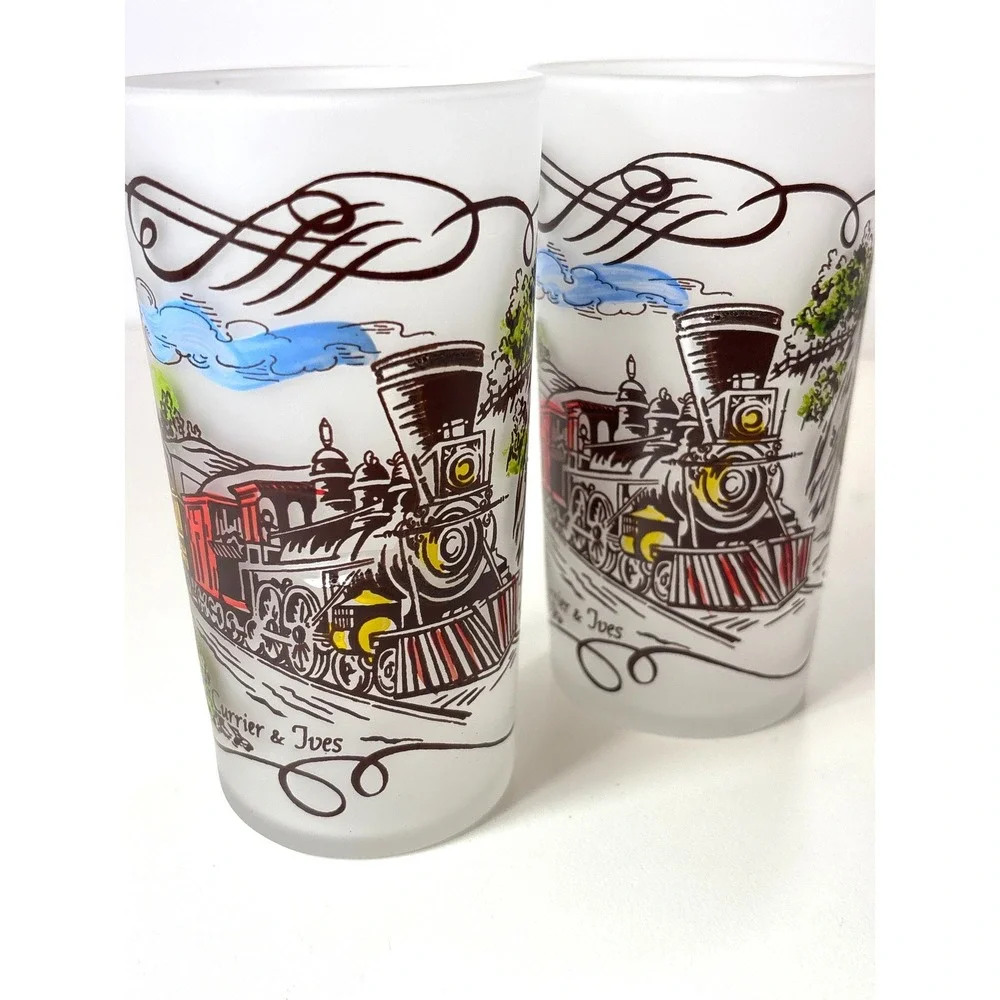 Vintage Currier & Ives Frosted Drinking Glass Railroad Scene 12oz Set of 2 1960s
